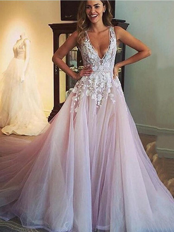 Elegant Long A-Line V Neck Tulle Lace Wedding Dresses-showprettydress
