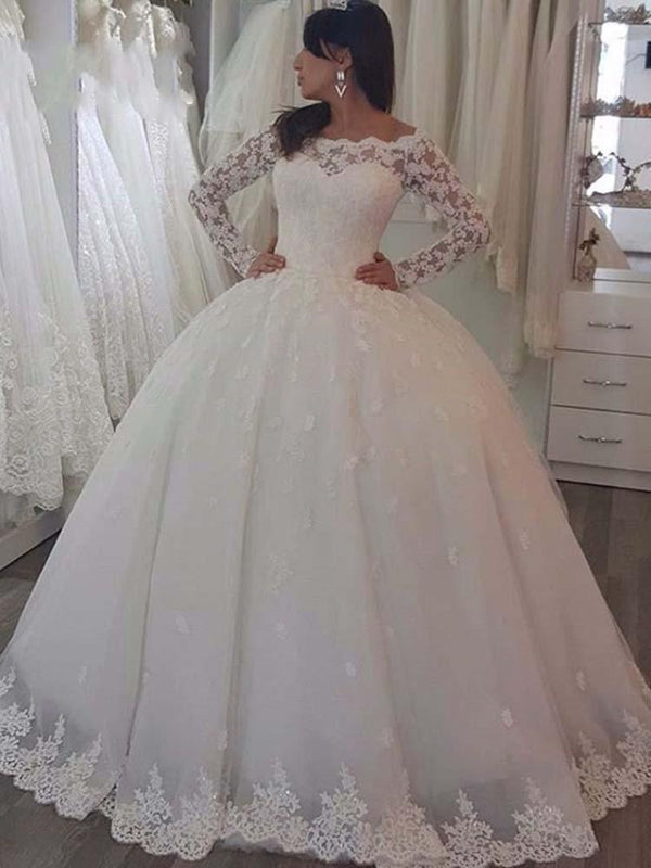 Elegant Long Ball Gown Bateau Lace Wedding Dresses with Sleeves-showprettydress