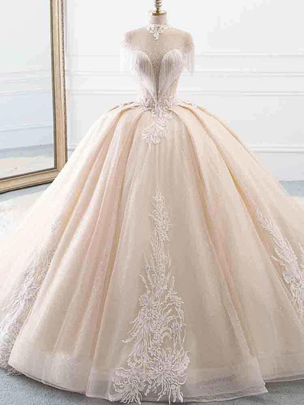 Elegant Long Ball Gown High Neck Tassel Sleeves Tulle Wedding Dresses-showprettydress