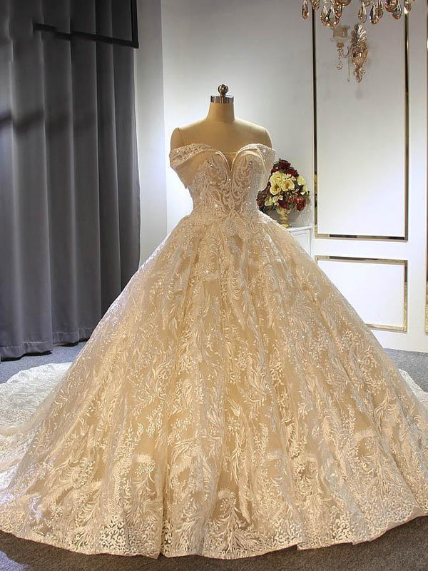 Elegant Long Ball Gown Off the shoulder Tulle Lace Wedding Dresses-showprettydress