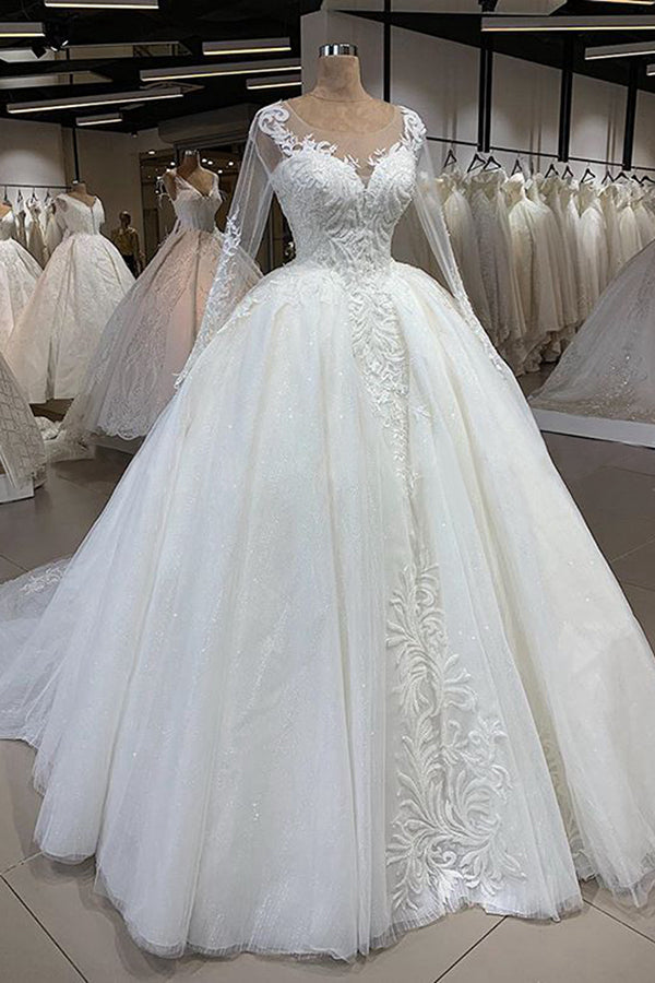 Elegant Long Ball Gown Sweetheart Tulle Wedding Dress with Sleeves-showprettydress