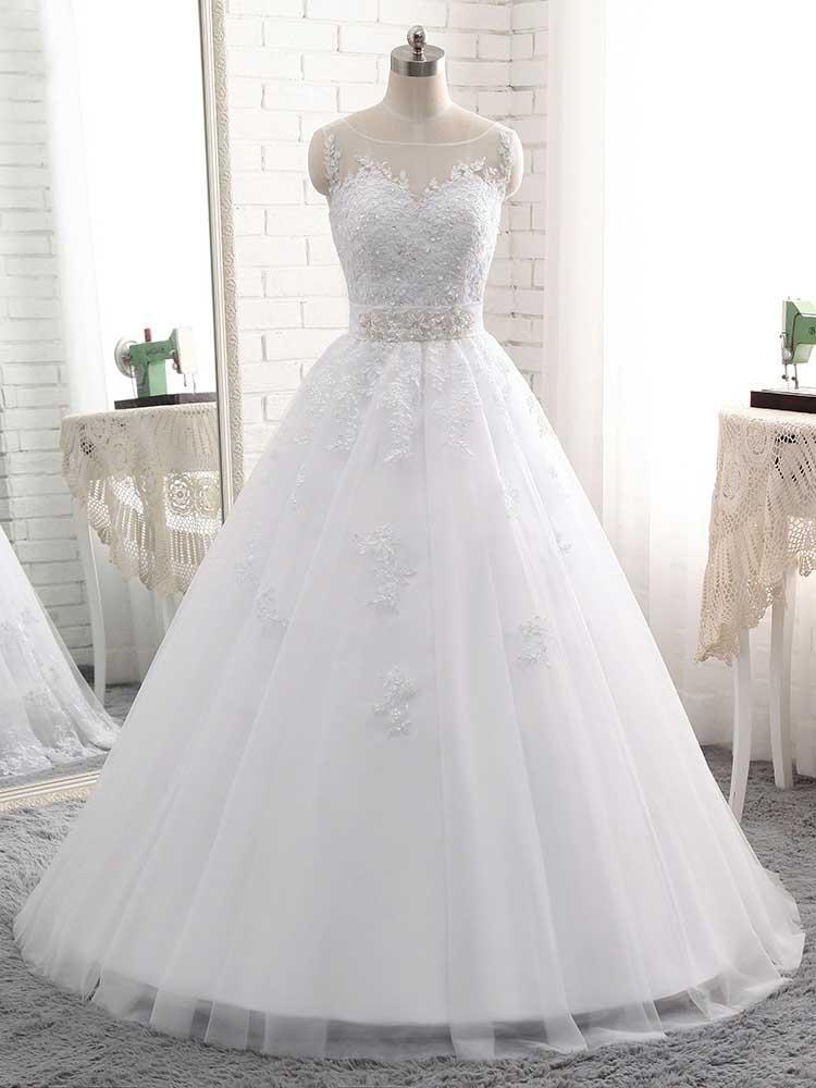 Elegant Long Ball Gown Tulle Lace-Up White Wedding Dresses-showprettydress