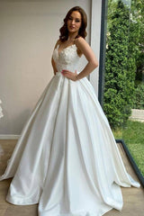 Elegant Long Ball Gowns Sweetheart Spaghetti Straps Satin Wedding Dress-showprettydress