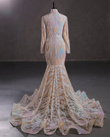 Elegant Long Mermaid High Neck Lace Sequined Evening Prom Dress with Sleeves-showprettydress