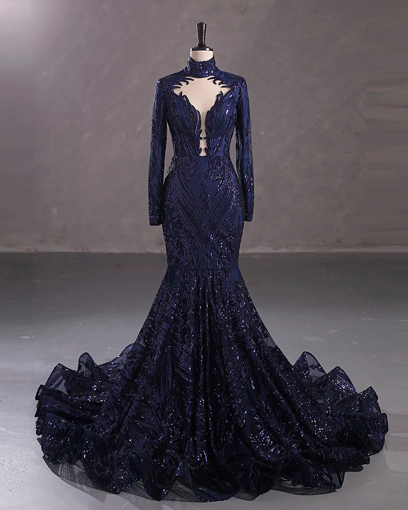 Elegant Long Mermaid High Neck Lace Sequined Evening Prom Dress with Sleeves-showprettydress