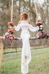 Elegant Long Mermaid Lace Chiffon Wedding Dress with Sleeves-showprettydress