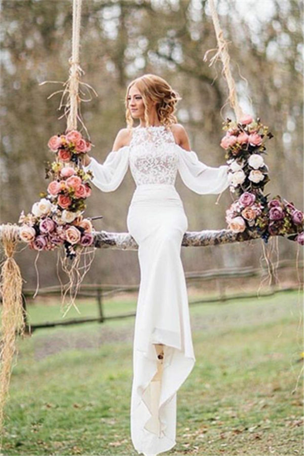 Elegant Long Mermaid Lace Chiffon Wedding Dress with Sleeves-showprettydress