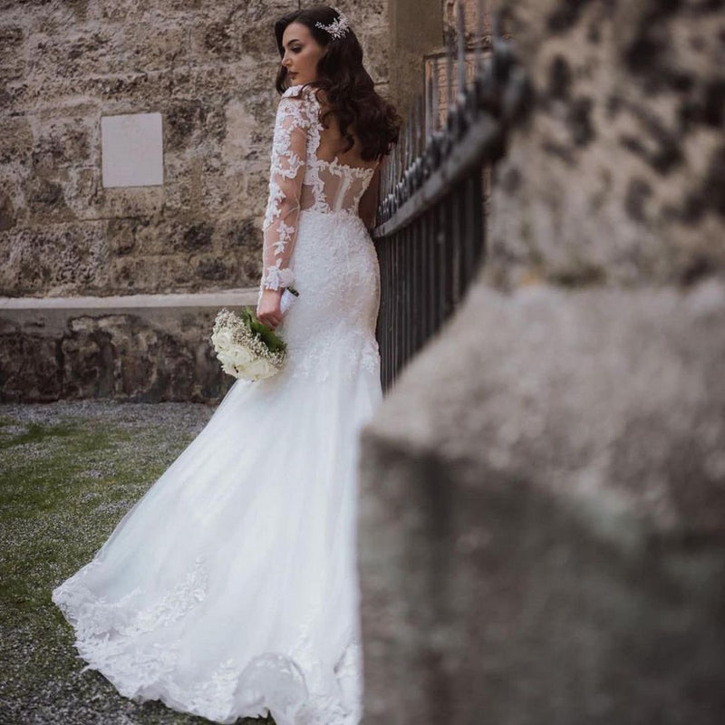 Elegant Long Mermaid Lace Open Back Wedding dresses with Sleeves-showprettydress