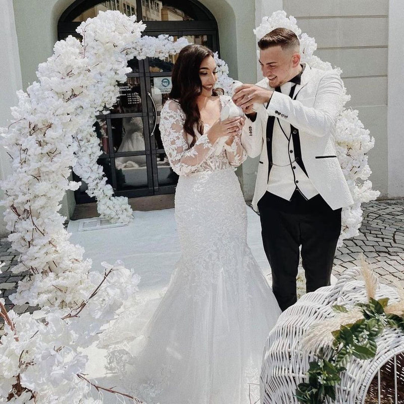 Elegant Long Mermaid Lace Open Back Wedding dresses with Sleeves-showprettydress