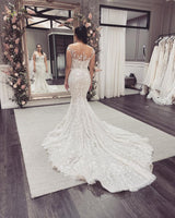 Elegant Long Mermaid Off-the-Shoulder Appliques Lace Backless Wedding Dress-showprettydress