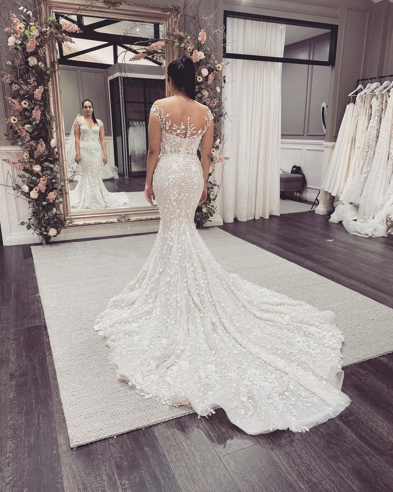 Elegant Long Mermaid Off-the-Shoulder Appliques Lace Backless Wedding Dress-showprettydress