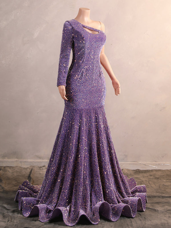 Elegant Long Mermaid One Shoulder Sequined Formal Prom Dresses with Sleeves-showprettydress