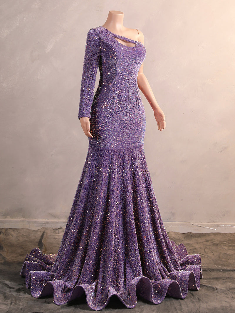 Elegant Long Mermaid One Shoulder Sequined Formal Prom Dresses with Sleeves-showprettydress