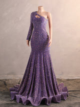 Elegant Long Mermaid One Shoulder Sequined Formal Prom Dresses with Sleeves-showprettydress