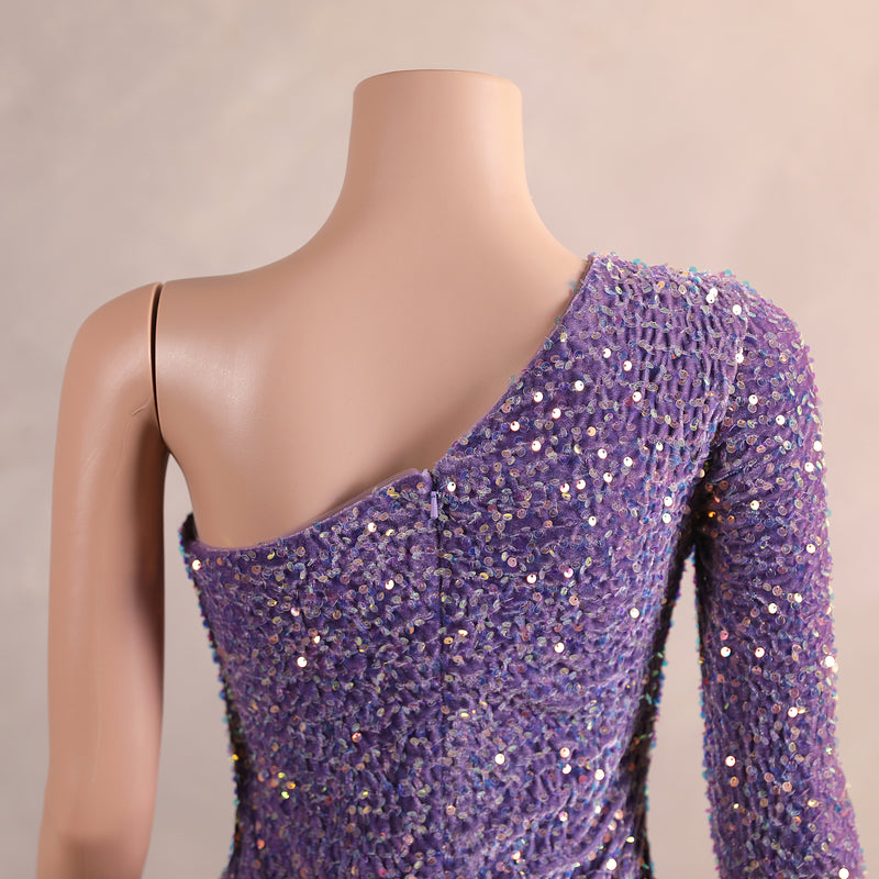 Elegant Long Mermaid One Shoulder Sequined Formal Prom Dresses with Sleeves-showprettydress
