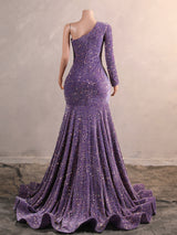 Elegant Long Mermaid One Shoulder Sequined Formal Prom Dresses with Sleeves-showprettydress