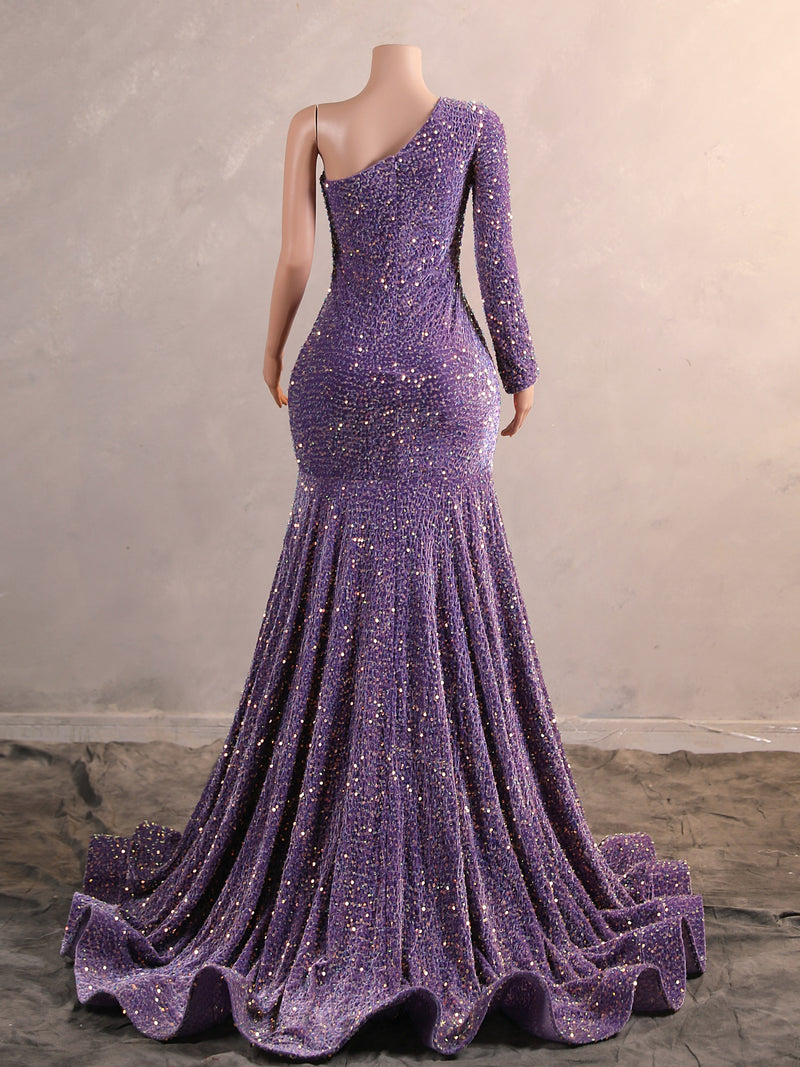 Elegant Long Mermaid One Shoulder Sequined Formal Prom Dresses with Sleeves-showprettydress