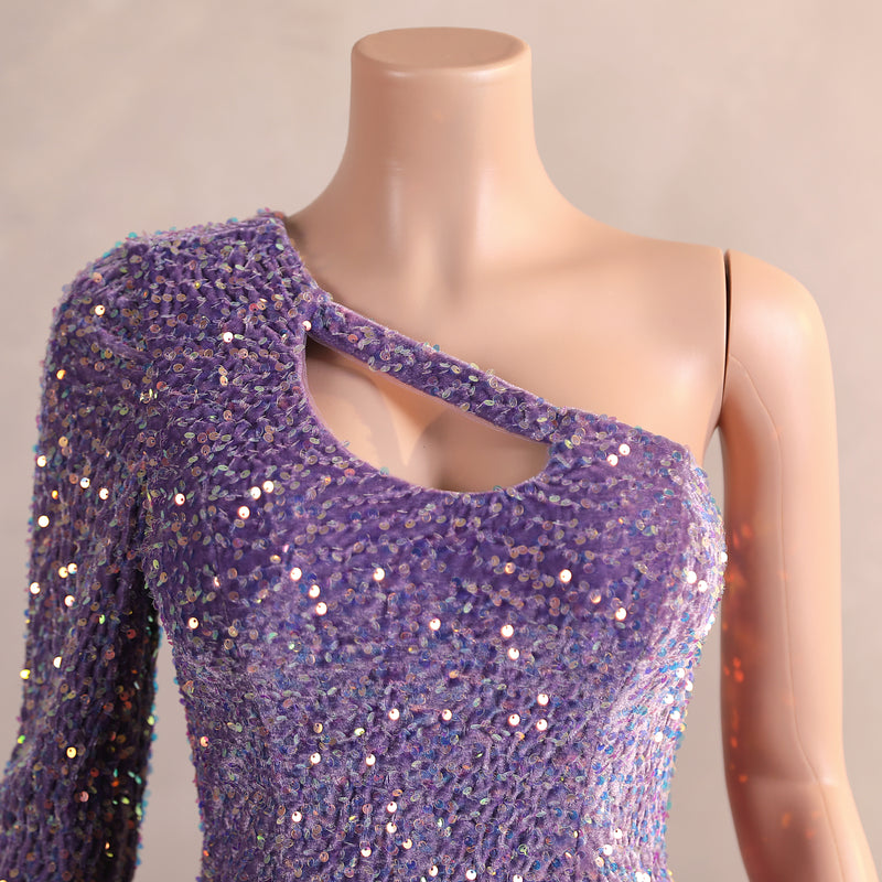 Elegant Long Mermaid One Shoulder Sequined Formal Prom Dresses with Sleeves-showprettydress