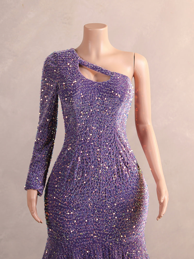 Elegant Long Mermaid One Shoulder Sequined Formal Prom Dresses with Sleeves-showprettydress