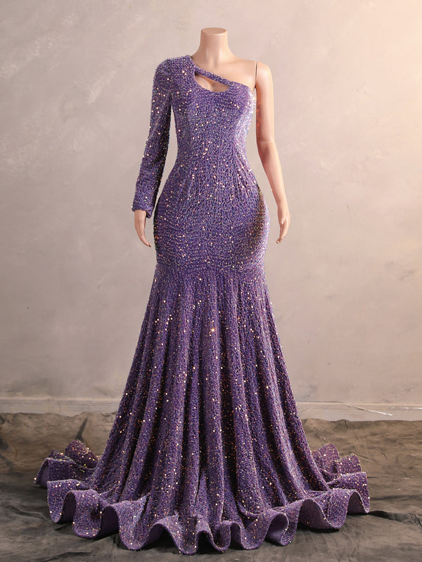 Elegant Long Mermaid One Shoulder Sequined Formal Prom Dresses with Sleeves-showprettydress