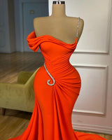 Elegant Long Mermaid One Shoulder Sleeveless Satin Prom Dress with Ruffles-showprettydress