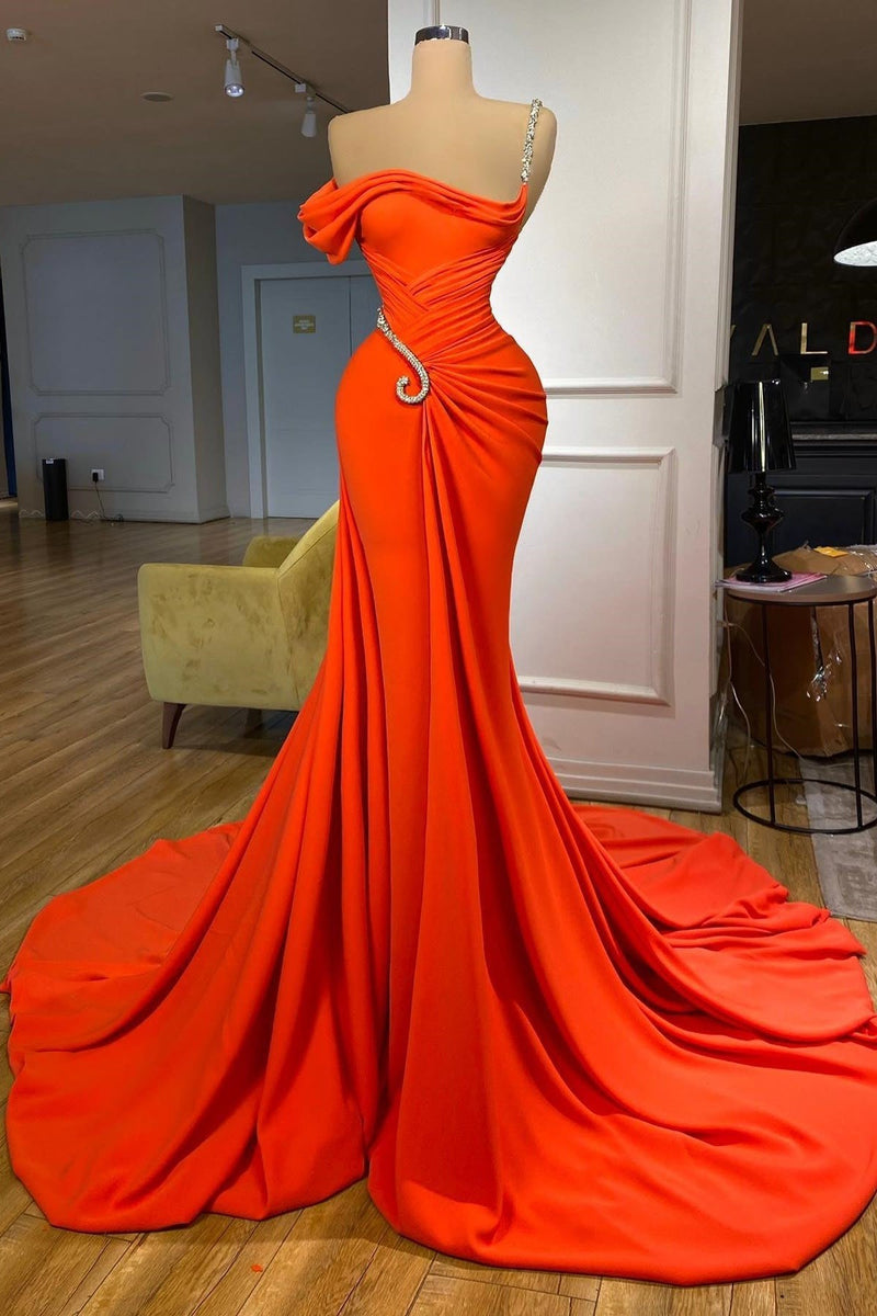 Elegant Long Mermaid One Shoulder Sleeveless Satin Prom Dress with Ruffles-showprettydress