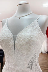 Elegant Long Mermaid Spaghetti Straps Lace Satin Open Back Wedding Dress-showprettydress