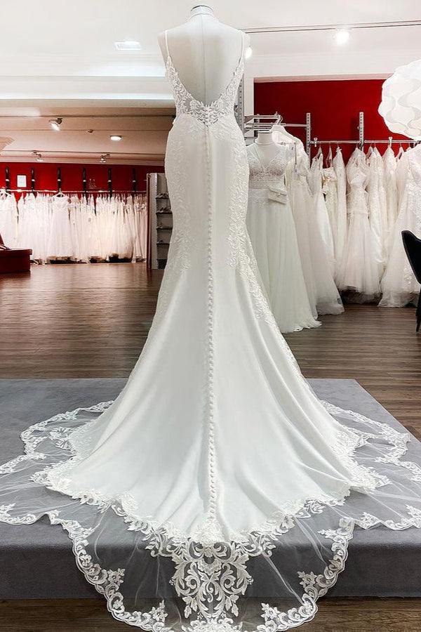 Elegant Long Mermaid Spaghetti Straps Lace Satin Open Back Wedding Dress-showprettydress