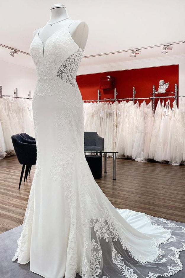 Elegant Long Mermaid Spaghetti Straps Lace Satin Open Back Wedding Dress-showprettydress