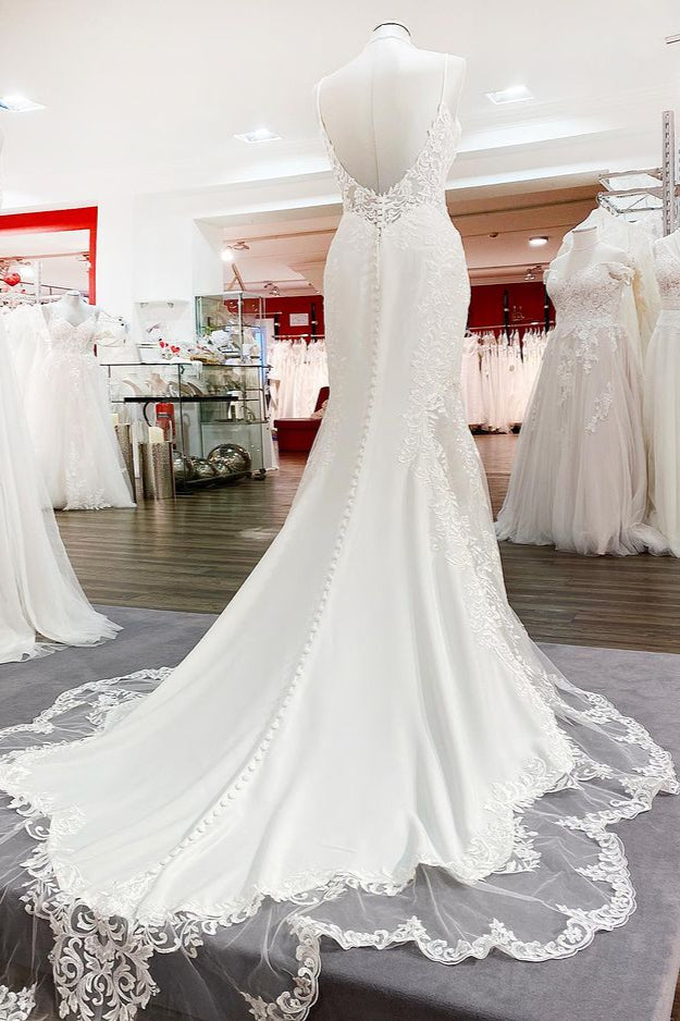 Elegant Long Mermaid Spaghetti Straps Lace Satin Open Back Wedding Dress-showprettydress