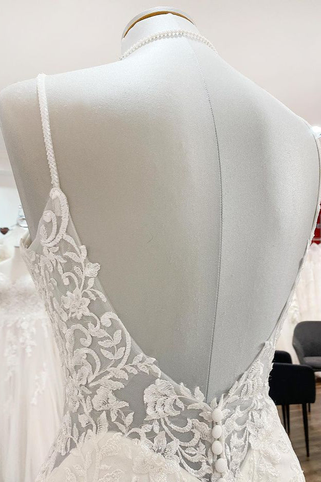 Elegant Long Mermaid Spaghetti Straps Lace Satin Open Back Wedding Dress-showprettydress