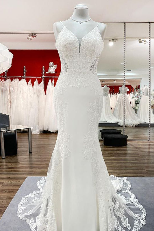 Elegant Long Mermaid Spaghetti Straps Lace Satin Open Back Wedding Dress-showprettydress