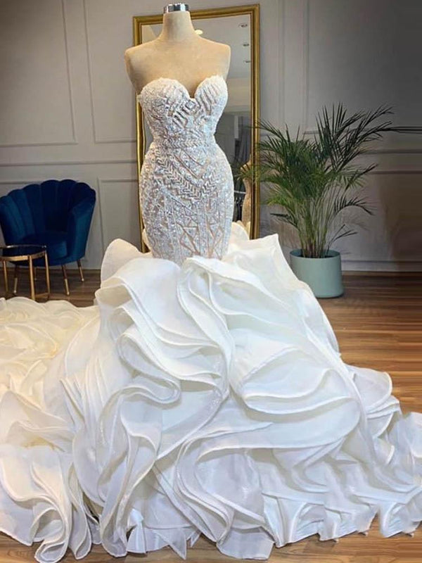 Elegant Long Mermaid Sweetheart Lace Up Crystal Wedding Dresses-showprettydress