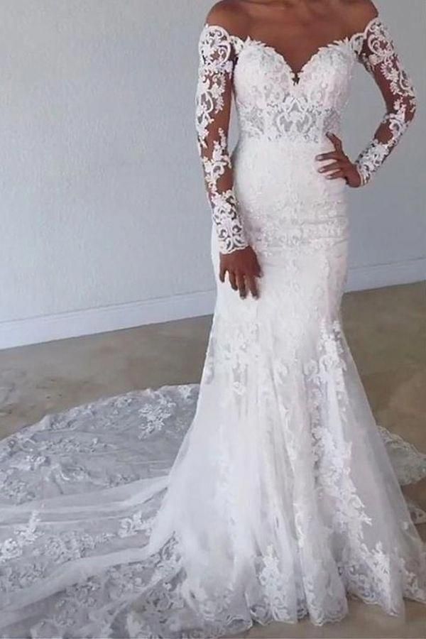 Elegant Long Mermaid Sweetheart Lace Wedding Dress with Sleeves-showprettydress