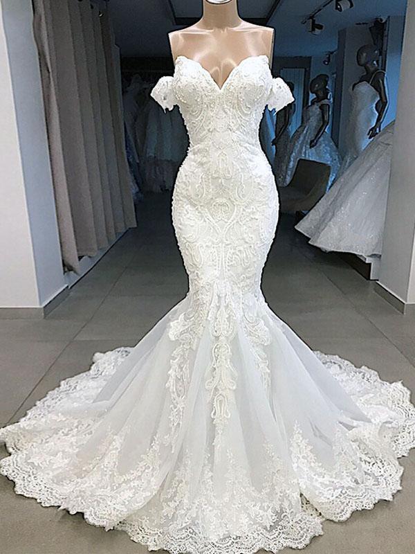 Elegant Long Mermaid Sweetheart Lace Wedding Dresses with Sleeves-showprettydress