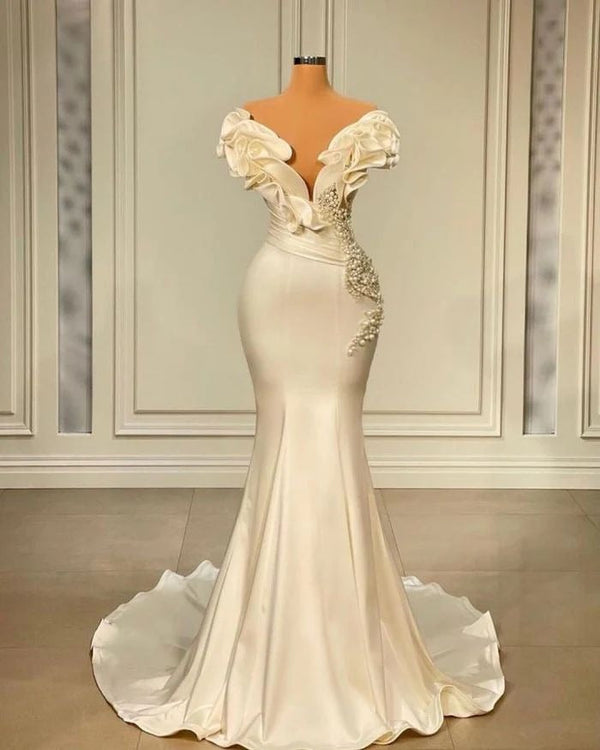Elegant Long Mermaid Sweetheart Ruffles Pearl Floor-length Prom Dress-showprettydress