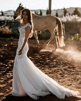 Elegant Long Mermaid Sweetheart Tulle Lace Backless Wedding Dress-showprettydress