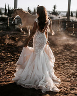 Elegant Long Mermaid Sweetheart Tulle Lace Backless Wedding Dress-showprettydress