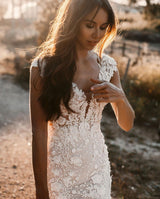 Elegant Long Mermaid Sweetheart Tulle Lace Backless Wedding Dress-showprettydress