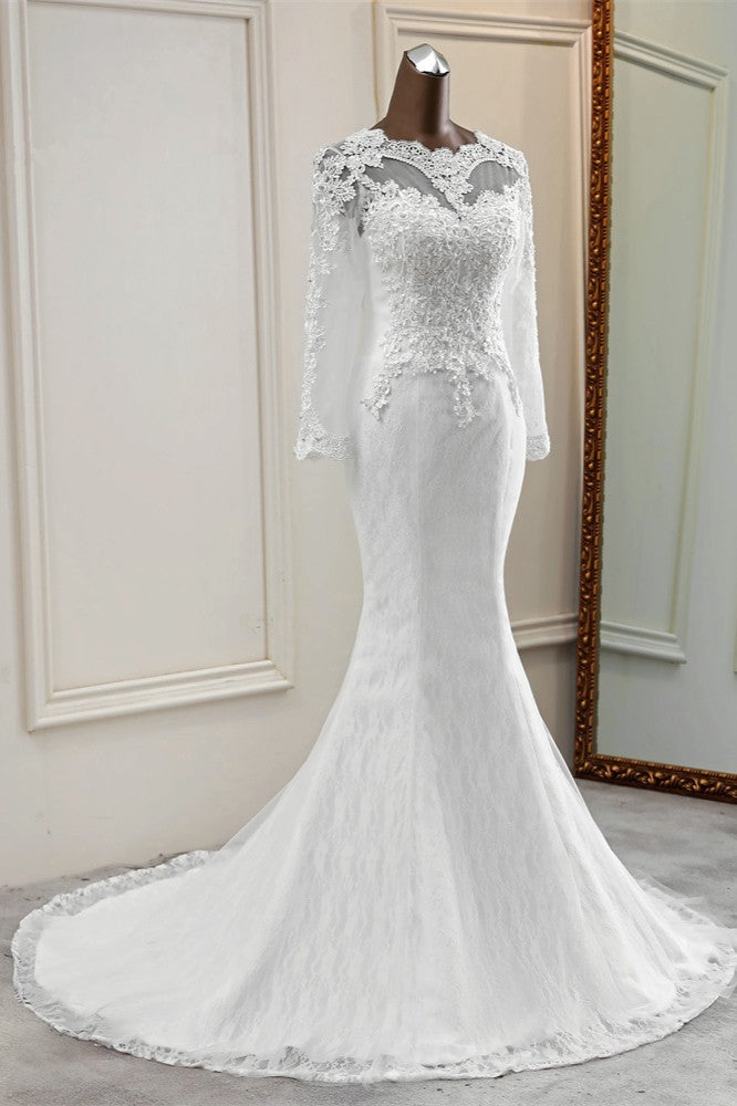 Elegant Long Mermaid Tulle Jewel Wedding Dress with Sleeves-showprettydress