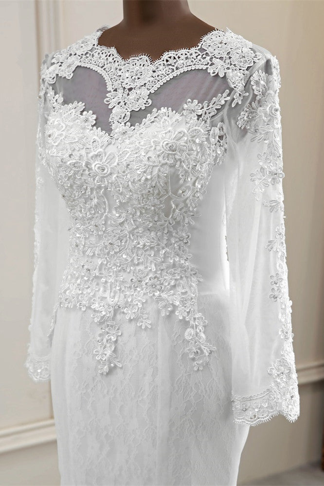 Elegant Long Mermaid Tulle Jewel Wedding Dress with Sleeves-showprettydress