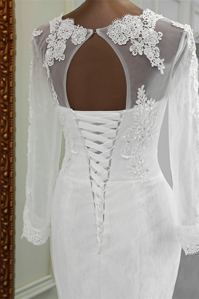 Elegant Long Mermaid Tulle Jewel Wedding Dress with Sleeves-showprettydress