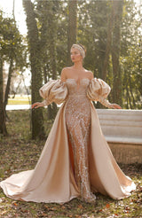 Elegant Long Off-the-shoulder Mermaid Tulle Lace Prom Dress with Sleeves-showprettydress