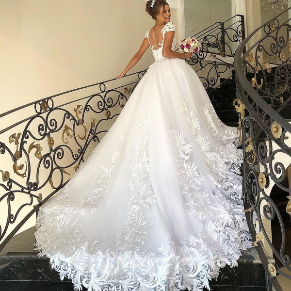 Elegant Long Princess Tulle Lace Wedding Dress with Cap Sleeves-showprettydress