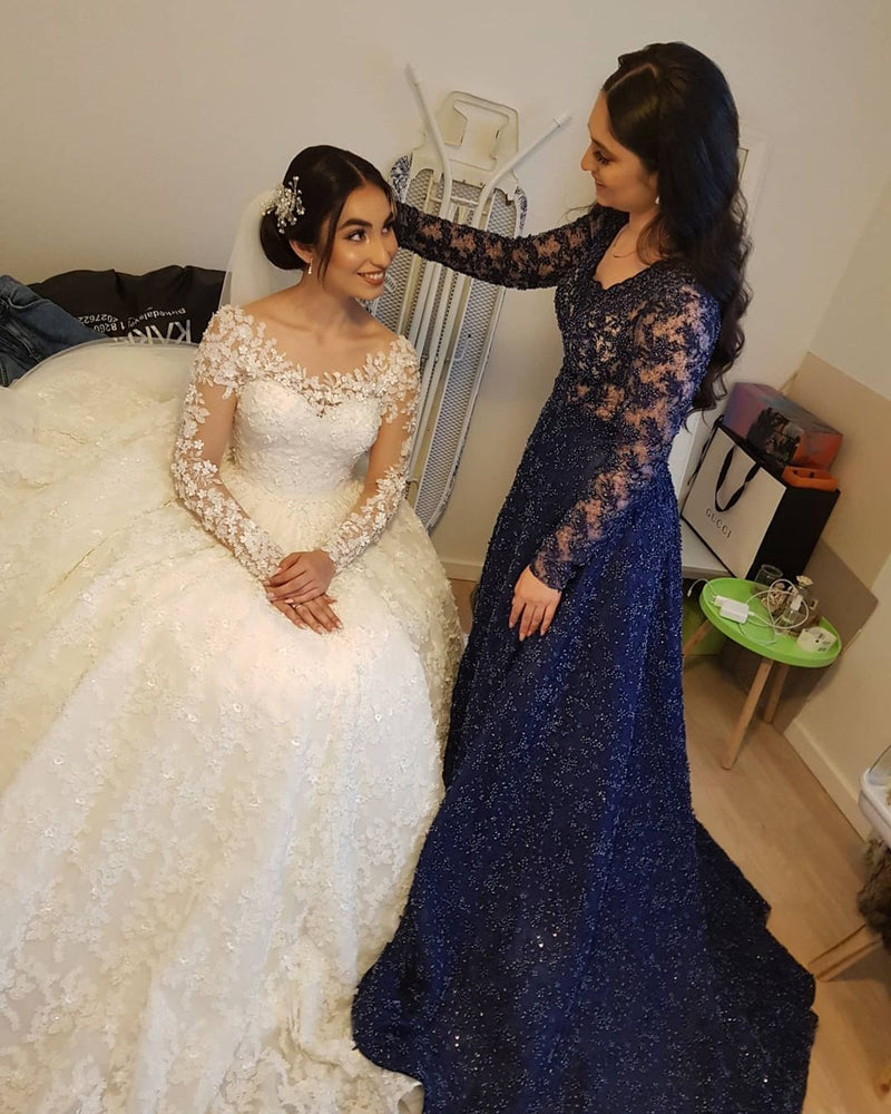 Elegant Long Princess Tulle Lace Wedding Dresses with Sleeves-showprettydress