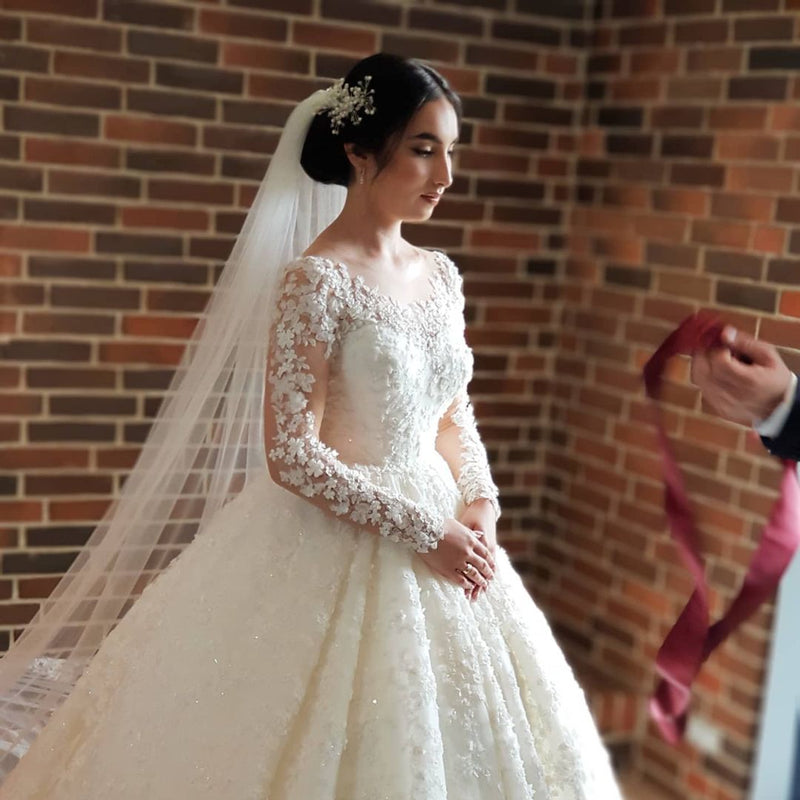 Elegant Long Princess Tulle Lace Wedding Dresses with Sleeves-showprettydress