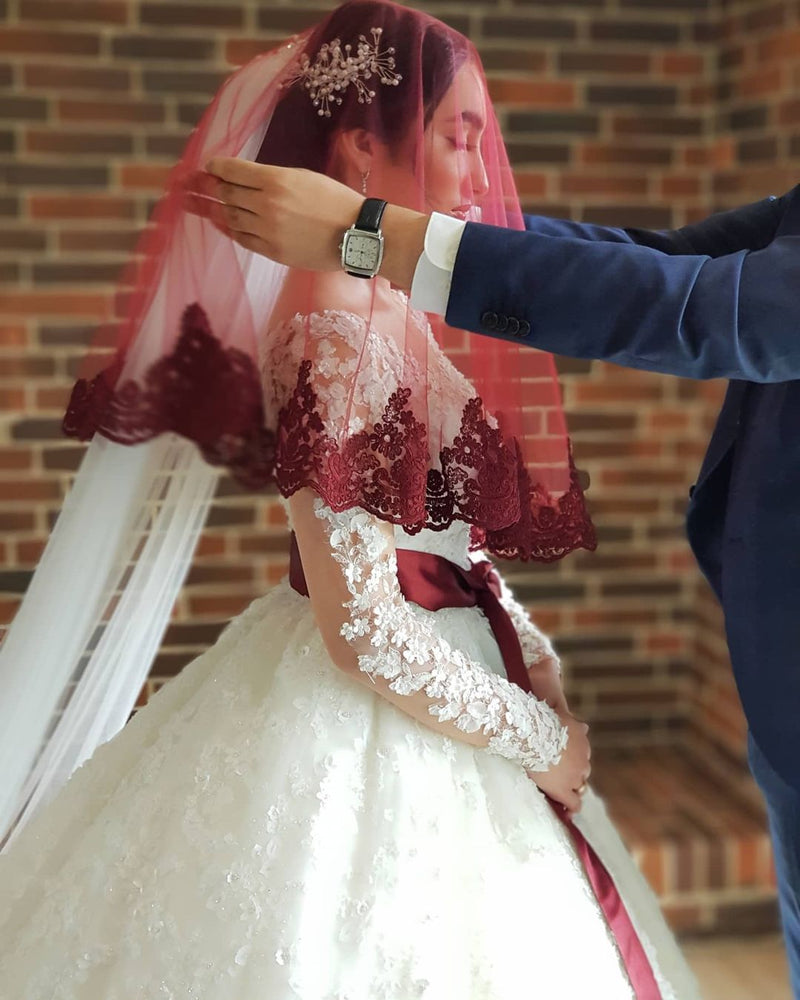 Elegant Long Princess Tulle Lace Wedding Dresses with Sleeves-showprettydress