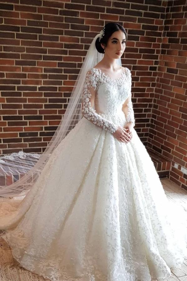 Elegant Long Princess Tulle Lace Wedding Dresses with Sleeves-showprettydress