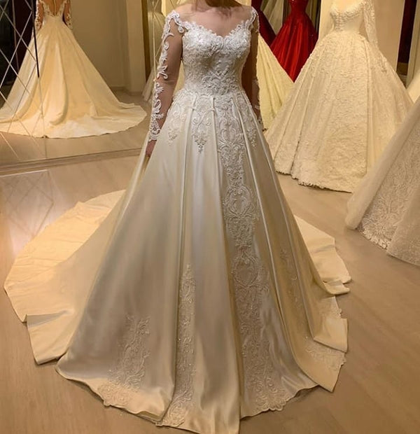 Elegant Long Sleeve A-Line Sweetheart Appliques Lace Pearl Satin Wedding Dress-showprettydress