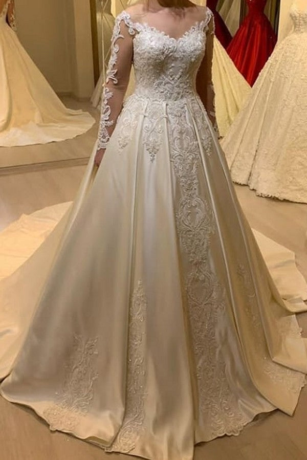 Elegant Long Sleeve A-Line Sweetheart Appliques Lace Pearl Satin Wedding Dress-showprettydress
